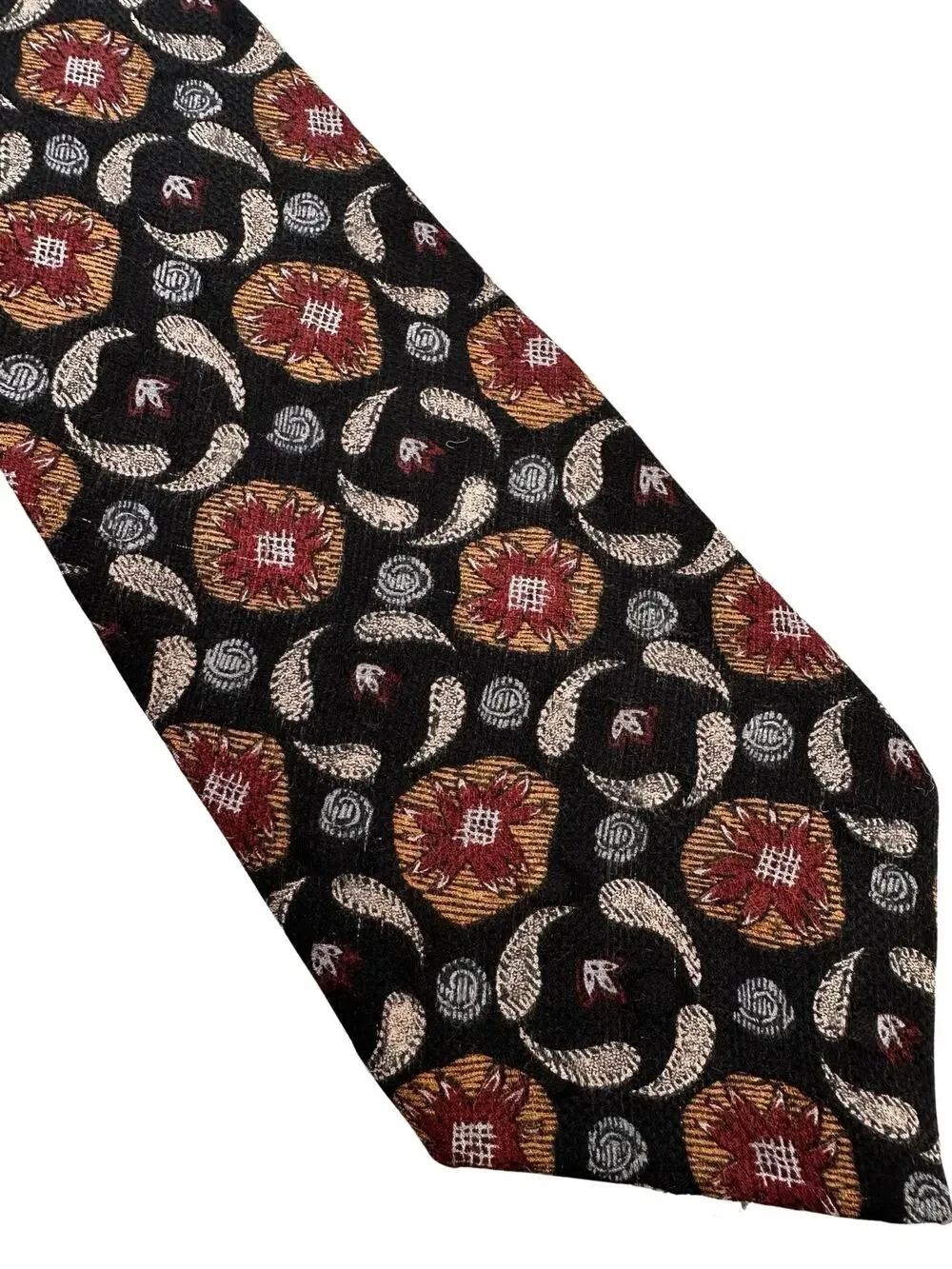 Vintage Black Floral Print Hunting Horn Silk Necktie